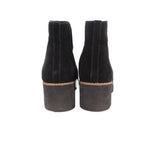 VIONIC Hazal black suede ankle bootie heels with stacked heel and brown welt trim