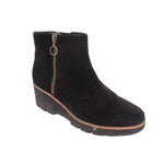 VIONIC Hazal black suede ankle bootie with side zipper and cushioned wedge sole