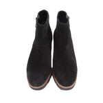 VIONIC Hazal black suede ankle bootie pair, front view with brown welt trim