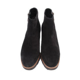 VIONIC Hazal black suede ankle bootie pair, front view with brown welt trim