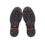 Black boot outsoles with tread pattern and brown heel edge accents
