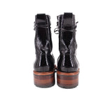 Black patent-look lace-up ankle boots with gold eyelets and stacked block heel