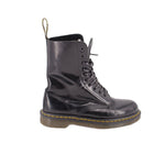 Black lace-up ankle boots with yellow welt edge and side leather pull tab