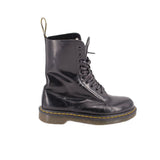 Black lace-up ankle boots with yellow welt edge and side leather pull tab