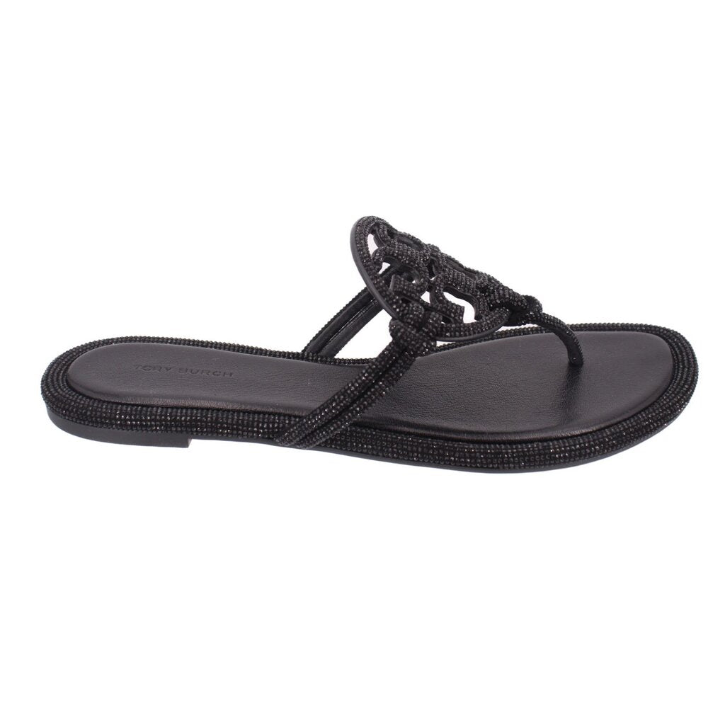 Black slide-style thong sandals with open toe and knotted upper