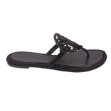 Black slide-style thong sandals with open toe and knotted upper