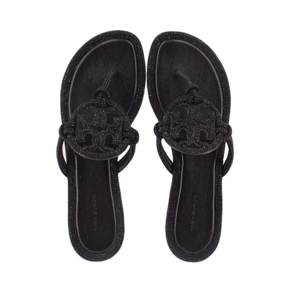 Black knotted thong sandals viewed from above, open toe and footbed