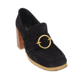 Black suede loafers with gold buckle detail and chunky wood block heel