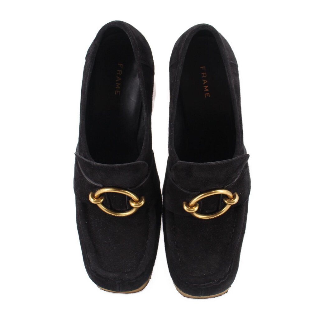 Black suede loafers, round toe, gold ring buckle on front