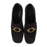 Black suede loafers, round toe, gold ring buckle on front