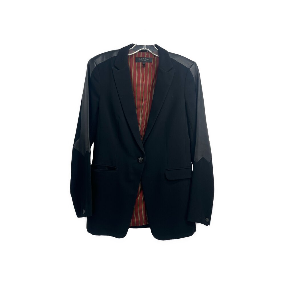 RAG & Bone black one-button blazer with notched lapels, front button closure