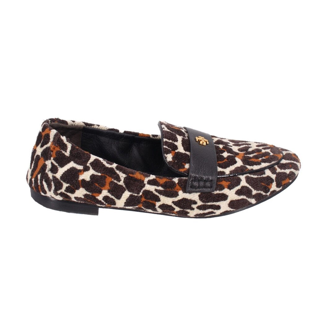 Leopard-print felt loafer with black strap across the vamp and low rubber sole