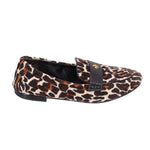 Leopard-print felt loafer with black strap across the vamp and low rubber sole