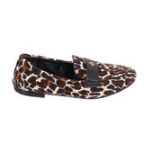 Leopard-print felt loafers with black strap and gold logo on the vamp