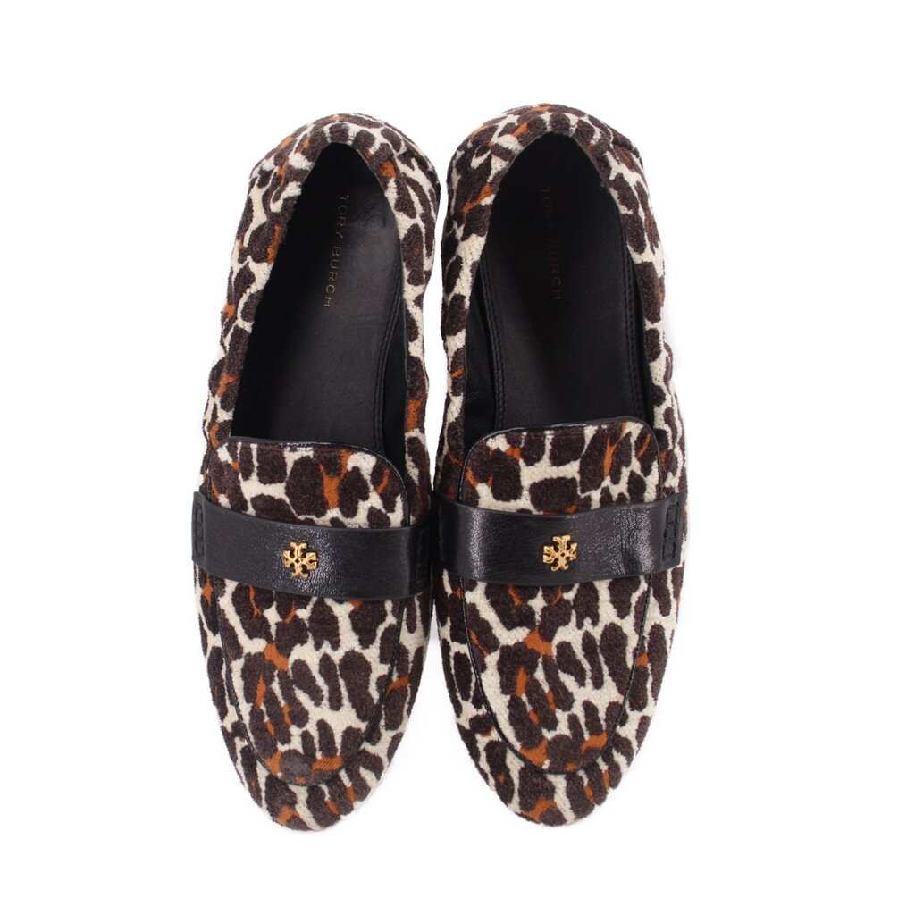 Pair of leopard-print felt loafers with black strap and gold-tone logo