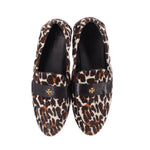 Pair of leopard-print felt loafers with black strap and gold logo detail
