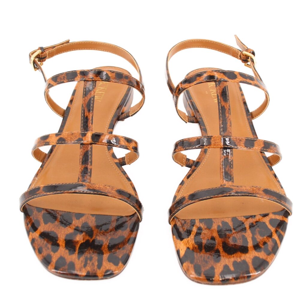 Pair of J.Crew brown leopard-print flat sandals with multiple straps