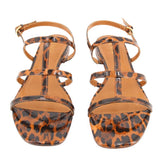 Pair of J.Crew brown leopard-print flat sandals with multiple straps