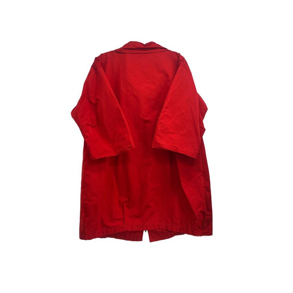 LIDA BADAY red rain jacket with hood, back view