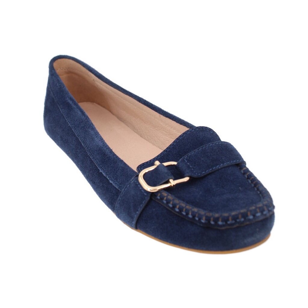 Blue suede loafer with gold-toned buckle and moc toe stitching
