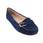 Blue suede loafer with gold-toned buckle and moc toe stitching