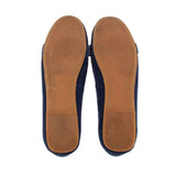 Blue suede loafer bottoms with tan lining, view of outsoles