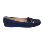 Blue suede loafer with gold-toned buckle strap, moc-toe stitching