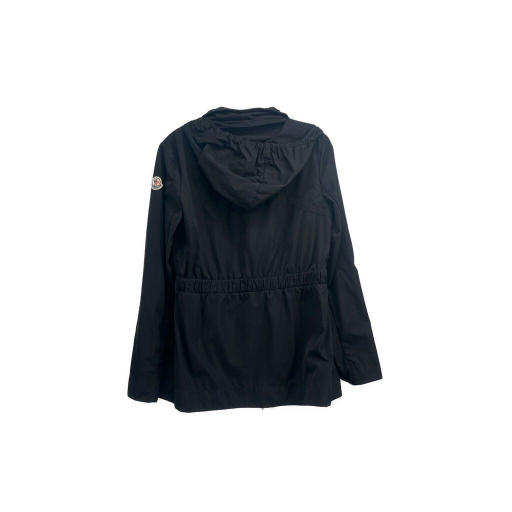 Black utility jacket, back view, adjustable hood, belt waist, rear zip