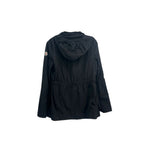 Black utility jacket, back view, adjustable hood, belt waist, rear zip