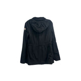 Black utility jacket, back view, adjustable hood, belt waist, rear zip