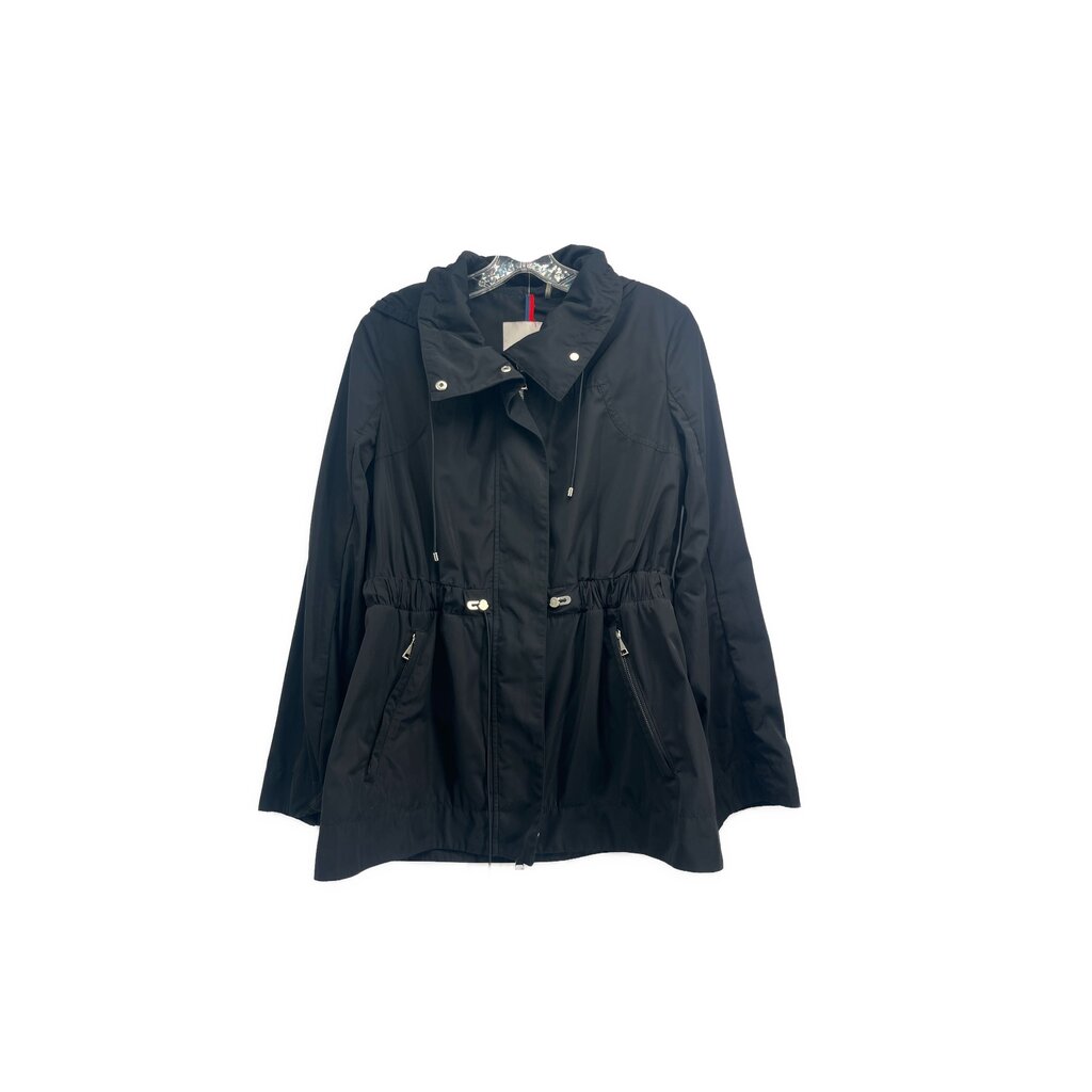 Black utility jacket with hood, snap front, drawstring waist, zip pockets
