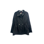 Black utility jacket with hood, snap front, drawstring waist, zip pockets