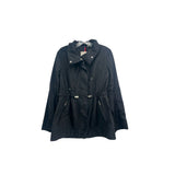 Black utility jacket with hood, snap front, drawstring waist, zip pockets