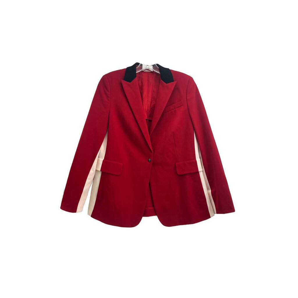 Red one-button blazer with dark lapels, notch collar, and cream contrast sleeve panels
