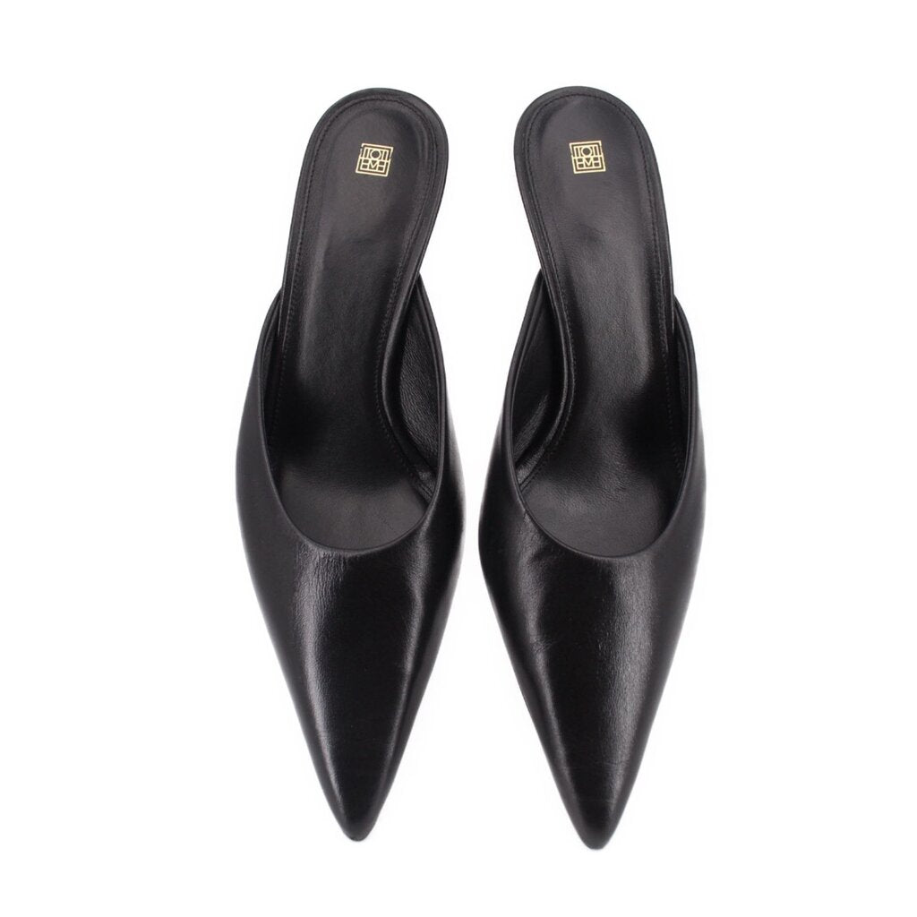 TOTEME black napa leather mule heels, pointed toe and open back, front view
