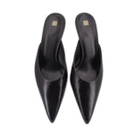 TOTEME black napa leather mule heels, pointed toe and open back, front view