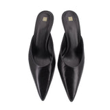 TOTEME black napa leather mule heels, pointed toe and open back, front view