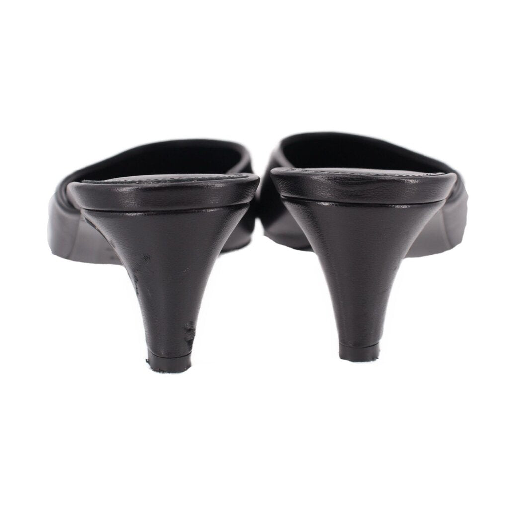 TOTEME black napa leather mule heels with open back and stacked heel, rear view