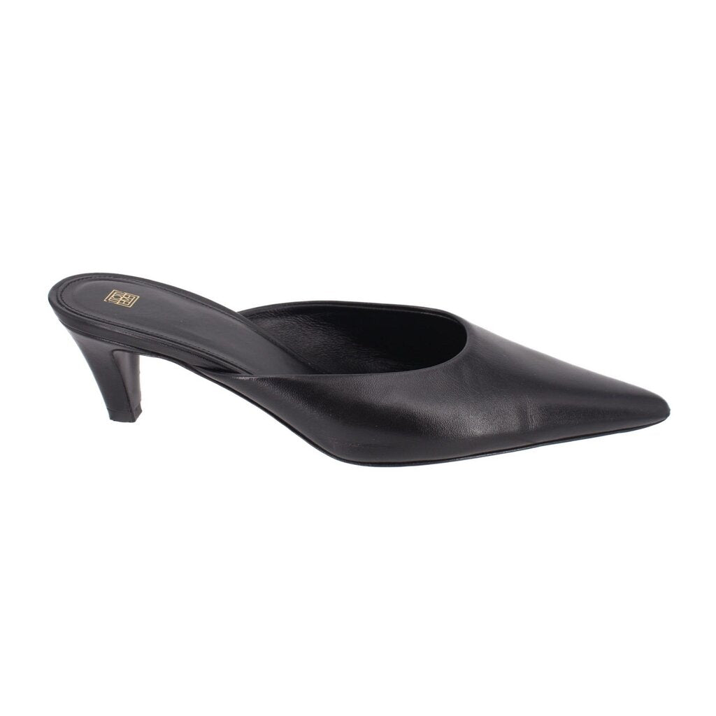 TOTEME black pointed-toe mule heels in napa leather, side view