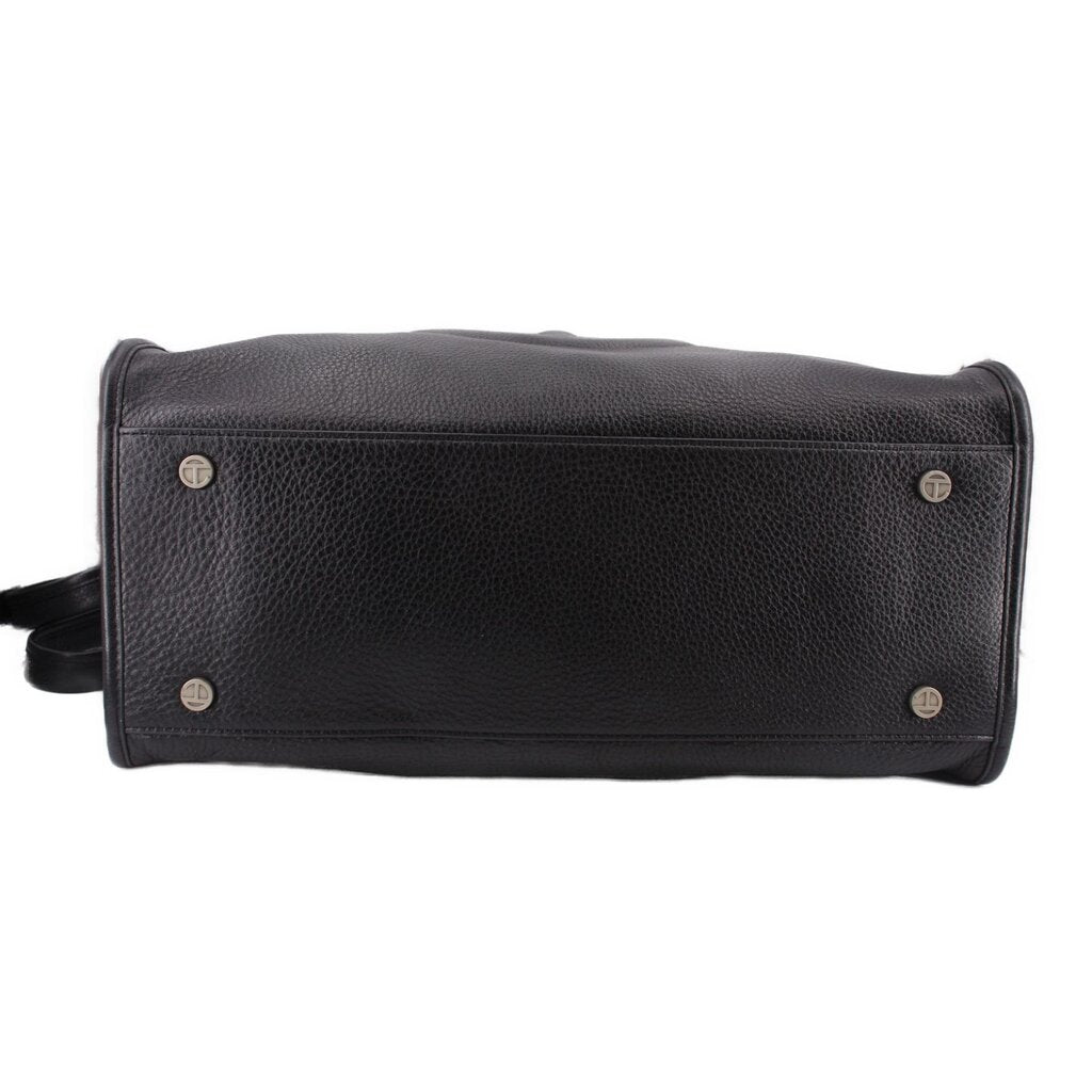 Telfar medium carry shoulder bag in black pebbled leather, back panel with hardware snaps