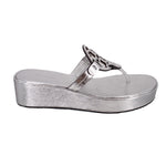Silver platform wedge sandals with openwork logo strap and T-thong front.