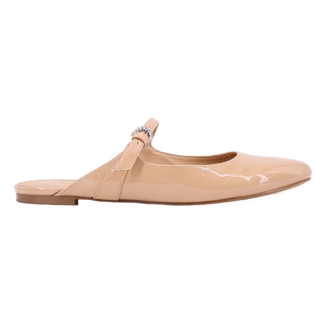 Tan patent T-strap flats with low profile sole and rhinestone clasp