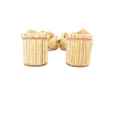 Gold woven heeled slide sandal showing back view of block heels
