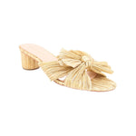 Gold woven heeled slide sandal with knotted bow detail at the toe
