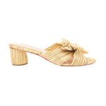 Gold woven heeled slide sandal with bow detail and block heel