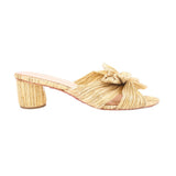Gold woven heeled slide sandal with bow detail and block heel