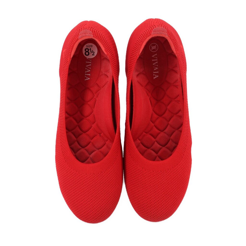 Red flats showing quilted insole and size 8½ marking inside