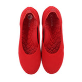 Red flats showing quilted insole and size 8½ marking inside