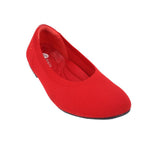 Red stretch knit flats, slip-on with round toe and black sole edge