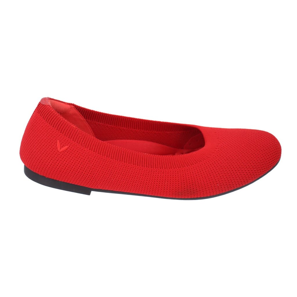 Red knit slip-on flats with round toe, elastic topline, black outsole
